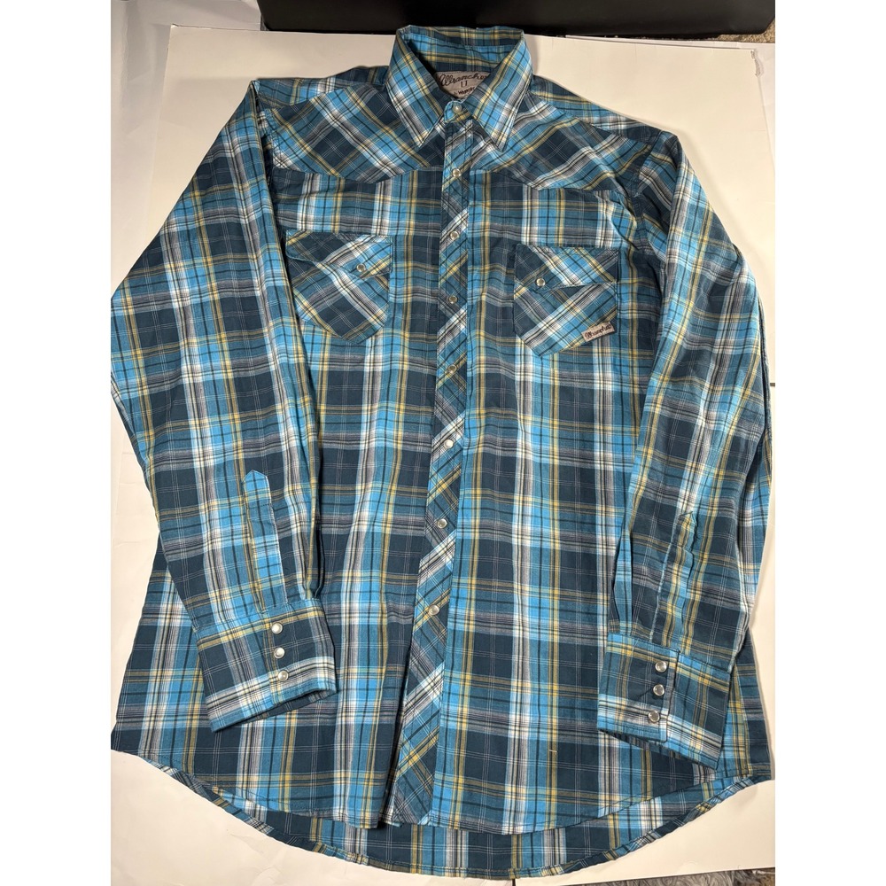 Wrangler Western Pearl Snap Shirt Mens LT Blue Plaid Tall Cowboy Button Up